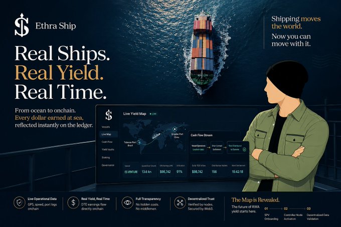 An advertisement for 'Ethra Ship' with the tagline 'Real Ships. Real Yield. Real Time.' showing a container ship and a person looking at a live yield map dashboard.
