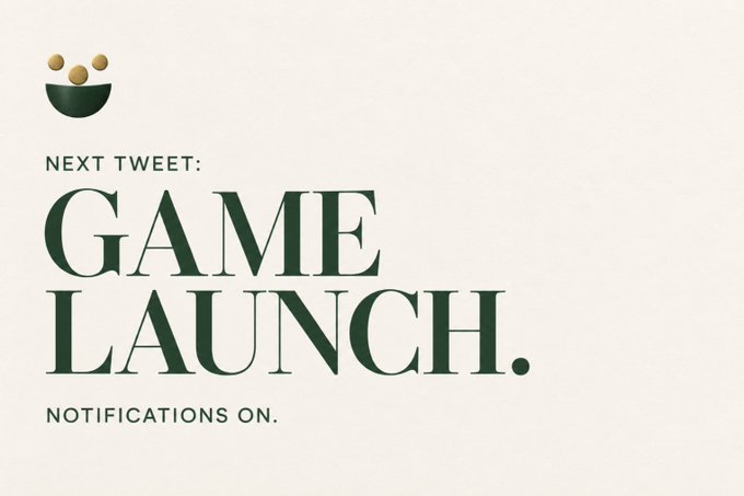 Minimalist promotional graphic with a cream background featuring a small dark green bowl icon holding three golden balls, alongside the text "NEXT TWEET: GAME LAUNCH. NOTIFICATIONS ON." The design teases an upcoming token launch announcement tied to "$PONZI."