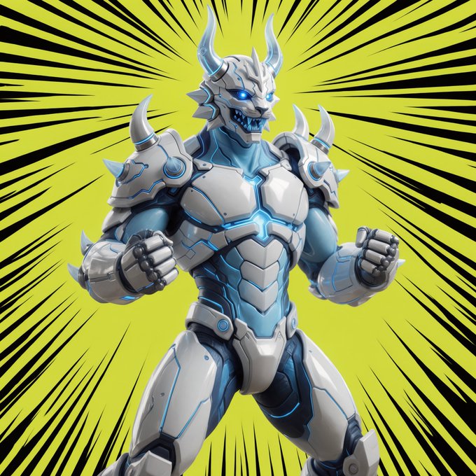 A white and blue armored robotic dragon warrior with horns stands in a dynamic pose against a yellow radial speed-line background reminiscent of anime action scenes.