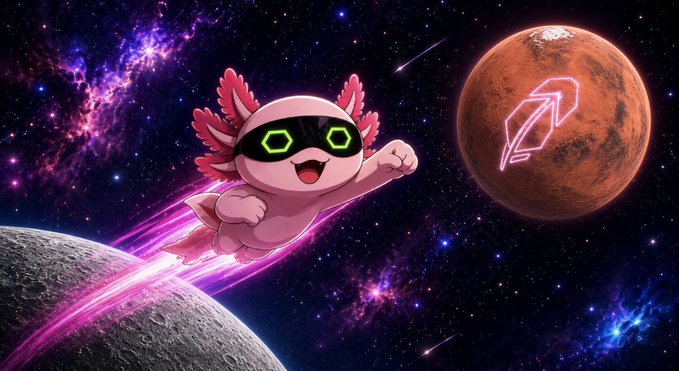 A digital illustration depicts a cute axolotl-like character wearing green goggles flying through a purple cosmic scene between a moon and a Mars-like planet marked with the Sagittarius zodiac symbol.