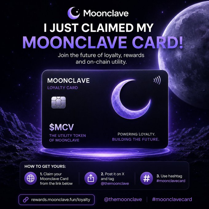 A promotional graphic for 'Moonclave' loyalty card featuring a purple moon and stars background, with text reading 'I JUST CLAIMED MY MOONCLAVE CARD!' and instructions to claim, post on X, and use hashtag #moonclavecard.