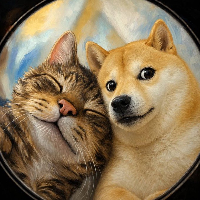 A painted portrait of a contented tabby cat and a Shiba Inu (Doge) posing closely together in a circular frame, perfectly matching the caption's playful claim of being the cutest duo on the internet.