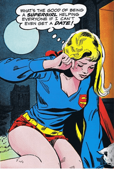 The image features a woman dressed as Superman with blonde hair wearing a blue shirt and red shorts. She has her hand over her ear and appears to be thinking or pondering something, possibly related to Bitcoin. The caption above the image reads "What's the good of being a superhero? Helping everyone even get a date!" This suggests that the woman is contemplating how her role as Superman could potentially impact her personal life, including matters such as relationships and dating.

The post also includes an illustration of a dog in front of a building, which adds to the overall visual appeal of the image. The combination of these elements creates a unique and engaging composition that captures the viewer's attention while conveying a thought-provoking message about the relationship between one's chosen profession or identity and their personal life.