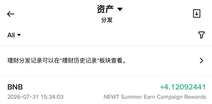 A mobile app screenshot showing a BNB crypto distribution record with a green value of '+4.12092441' and timestamp '2026-07-31 15:34:03', labeled 'NEWT Summer Earn Campaign Rewards'.