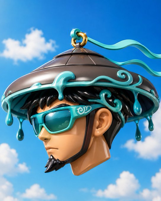 A 3D-rendered character wearing teal sunglasses and a wide brown conical hat with decorative teal drips hanging from the brim, set against a blue sky with clouds.