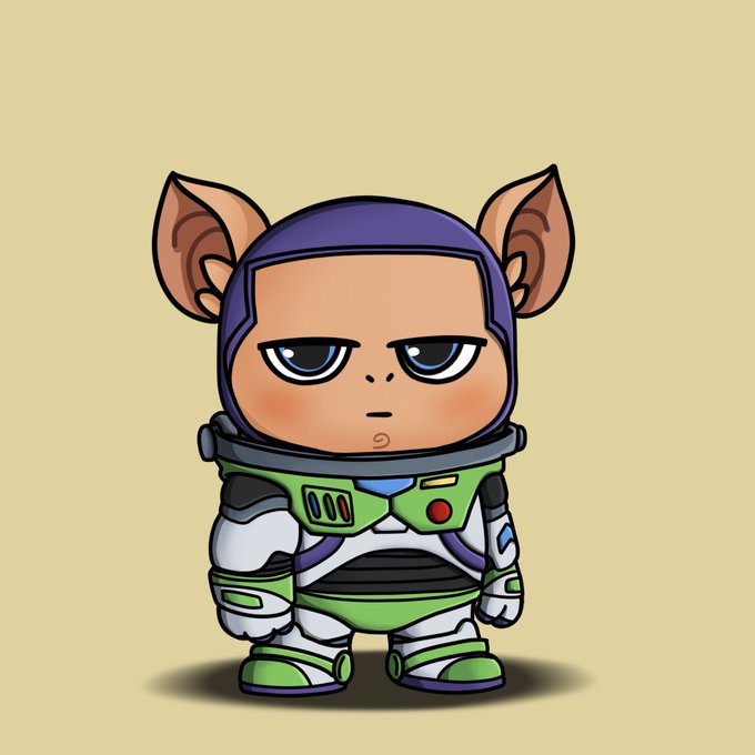 A chibi-style cartoon character resembling Buzz Lightyear has large pointed ears, a purple hood, and a green and white space suit against a beige background.