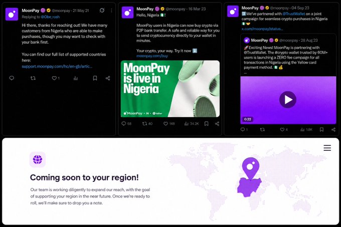 A collage of Twitter/X posts from MoonPay (@moonpay) announcing crypto services in Nigeria with P2P bank transfers, along with a 'Coming soon to your region!' graphic featuring a world map.