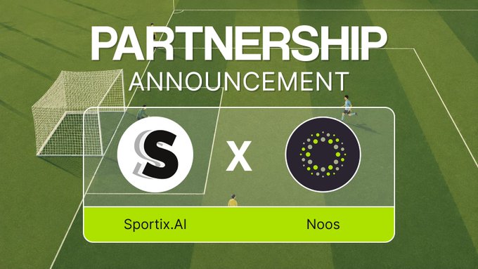 A partnership announcement graphic for 'Sportix.AI' and 'Noos' displayed over an aerial view of a green soccer field.