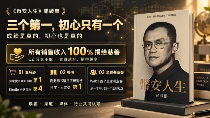 The image is a promotional banner for the Chinese edition of the book "Binance Life" (币安人生) by Changpeng Zhao (赵长鹏/CZ), highlighting its achievements: ranking #1 on Amazon's cryptocurrency book category, #4 on Kindle's overall chart, #1 on Hong Kong business bookstore monthly sales, and #1 at the Web3 global book community. The banner emphasizes that 100% of sales revenue will be donated to charity, with no payment taken by CZ, aligning with the post's discussion of the book's charitable origins and impressive sales performance.