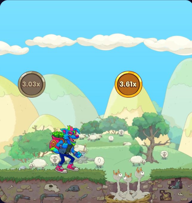 A screenshot from a video game showing a blue, horned character in a backpack running through a grassy landscape with sheep-like creatures, with multipliers of "3.03x" and "3.61x" displayed on screen.