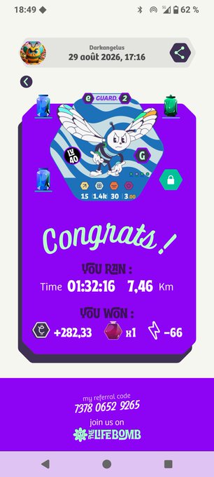 A mobile app screenshot showing a LifeBomb workout completion screen with 'Congrats!', displaying a run time of 01:32:16 covering 7.46 km, won rewards of +282.33 and x1, and a referral code '7378 0652 9265'.