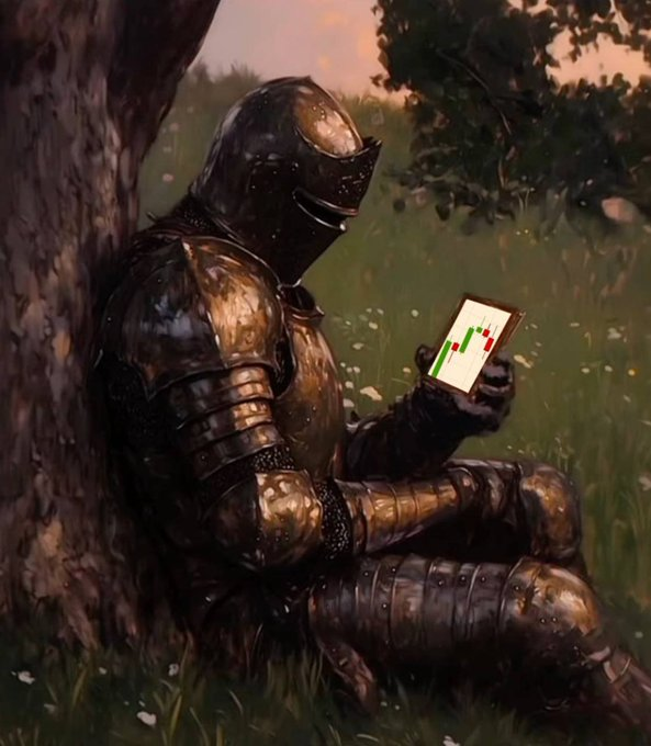 An artistic painting depicting a medieval knight in full armor sitting under a tree, holding a small framed picture of a candlestick stock chart.