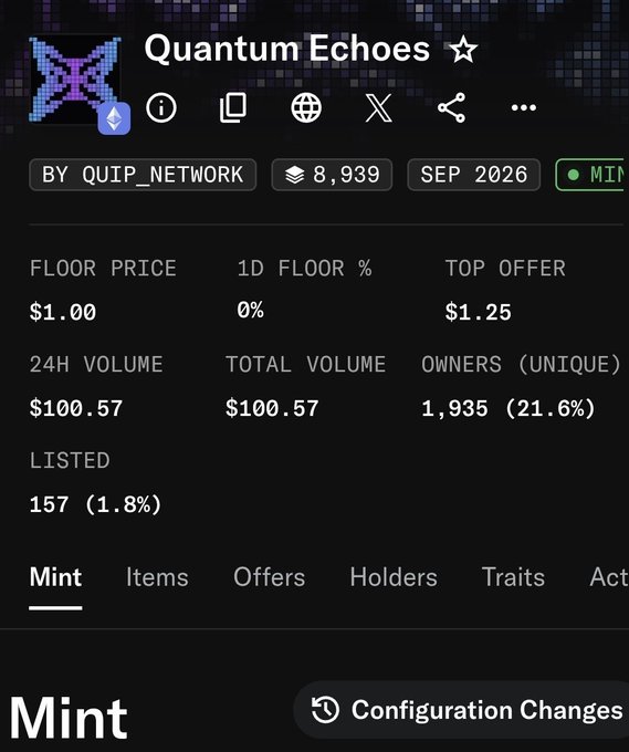 A dark-themed screenshot of an NFT marketplace page for the collection "Quantum Echoes" by QUIP_NETWORK, displaying a floor price of $1.00, top offer of $1.25, and 1,935 unique owners.