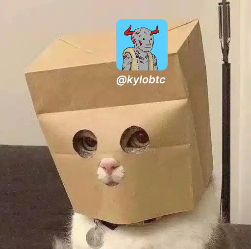 A photograph of a cat wearing a brown paper bag on its head with eye and mouth holes cut out, featuring an overlay icon showing a cartoon figure with red horns and the handle '@kylobtc'.