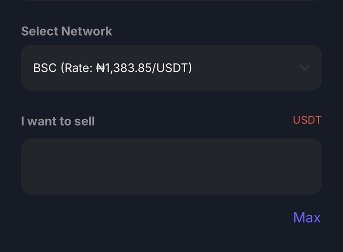 The image shows an app interface with a screen that displays a message asking users if they want to sell their USDT (United States Dollar) for Naira. The text indicates that the user wants to sell their USDT, and there are two options available: either they can choose to sell it immediately or wait until the maximum amount of USDT is reached before selling.