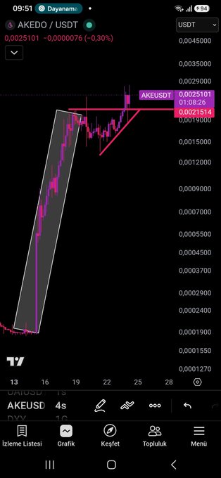 A TradingView chart of AKEDO/USDT is displayed, showing a price of 0.0025101 with a -0.30% decline, featuring pink candlesticks and technical analysis drawings including a parallel channel and triangle pattern that align with the #Akedo $AKE crypto analysis mentioned in the post.