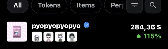 A digital marketplace listing for 'pyopyopyopyo' showing four cartoon-style characters, a verified badge, price of 284.36$ with 115% increase, and filter tabs for All, Tokens, Items, and Perps.