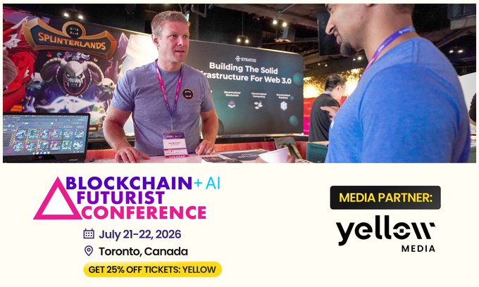 The image shows two men networking at the Blockchain Futurist Conference in Toronto (July 21-22, 2026), with one speaking at a Splinterlands booth and a SynFutures display reading "Building The Solid Infrastructure For Web 3.0" visible behind them. The promotional graphic below highlights Yellow Media as the official media partner, offering 25% off tickets with code "YELLOW," directly tying into the post's announcement of Yellow Media's media partnership with the event.