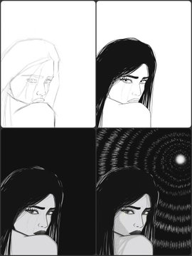 A four-panel comic showing the progression of an artwork, starting from a light sketch of a hooded figure with tears, moving to a more detailed black-haired version, and ending with a finished illustration against a spiral background.