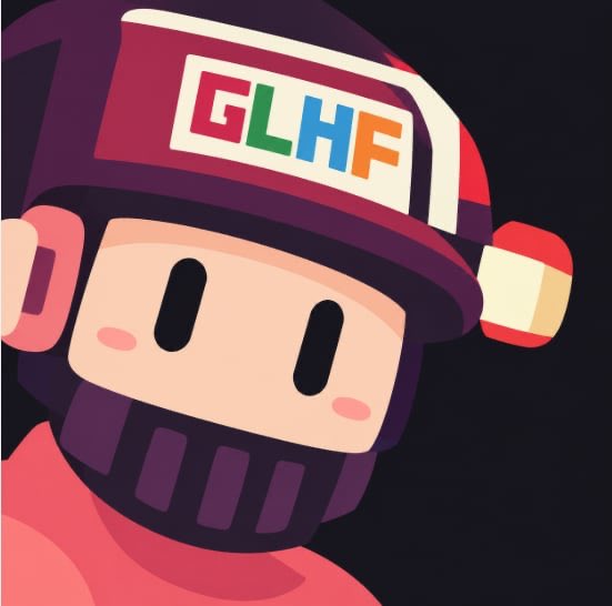 A cartoon character resembling a knight with a dark helmet featuring a 'GLHF' logo (Google letters in Google colors) and pink cheek blushes.