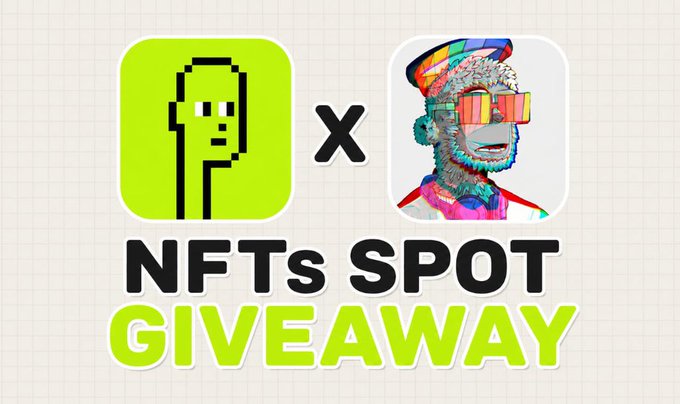 A promotional graphic for an 'NFTs SPOT GIVEAWAY' collaboration between two pixelated/avatar-style NFT projects.