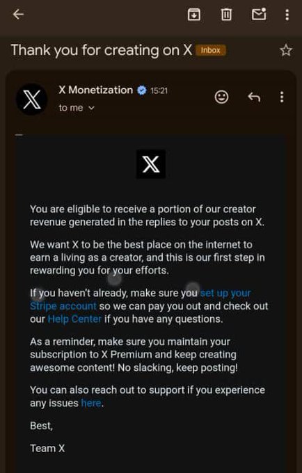 Email screenshot from X Monetization confirming the user is eligible to receive a portion of creator revenue from post replies on X.