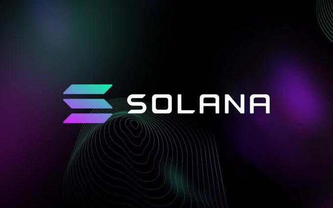 The Solana cryptocurrency logo featuring its signature gradient bars design alongside the word 'SOLANA' in white text on a dark background with colorful light effects.