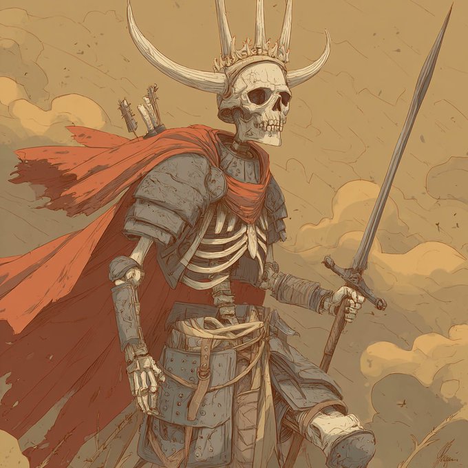 A digital illustration of a skeletal warrior wearing a horned skull helmet, armor, and a flowing red cape, holding a sword in a desert landscape.