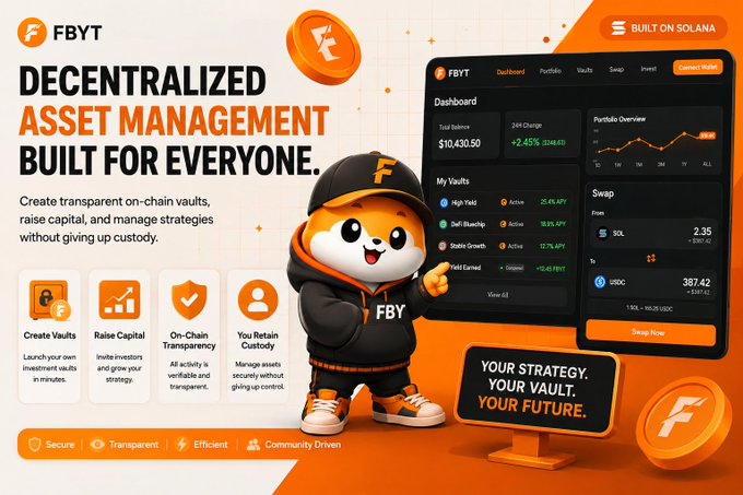 The main image features a character with a black hoodie and an orange hat holding up a sign that says "Focus on what is in the image and how it relates to the post" followed by some text related to asset management, such as creating a transparent vault or launching Solana. The image has some elements of a social media post or a screenshot from a cryptocurrency trading platform or news website.