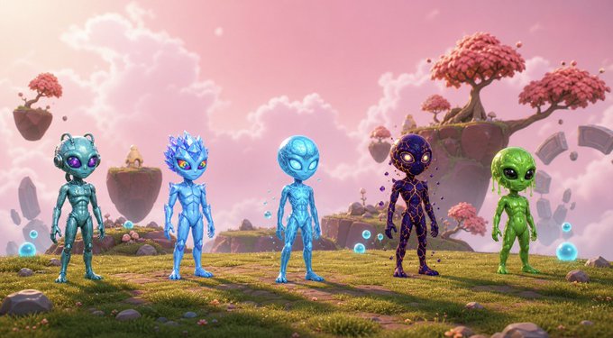 The image features five different alien characters standing next to each other against a pink sky with clouds. The text above them reads "Imagine exploring the @OthersideMeta as your favorite VOIDS race. That'S the future we're building. Our next goal is to bring all 5 VOIDS races into the Otherside as fully realized 3D avatars, allowing holders to experience the VOIDS universe in an entirely new way". The characters are positioned at various angles and heights, creating a sense of depth and dimension within the image.