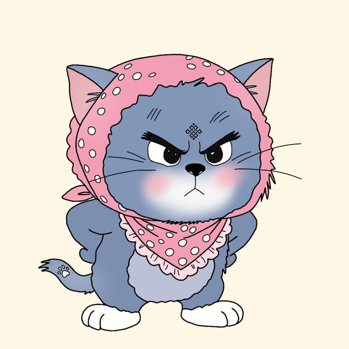 An illustration of an angry gray cat wearing a pink polka-dot bonnet and matching bandana with a furrowed brow and blushing cheeks.