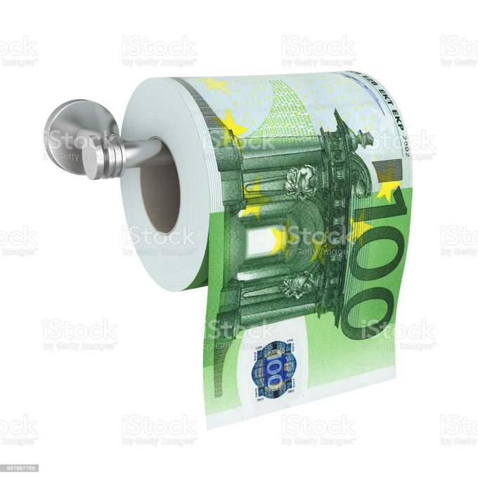 A toilet paper roll printed with 100 Euro notes symbolizes the post's message that Bitcoin will outlast the Euro, suggesting the traditional currency is worthless and destined to be flushed away.

100 visible on the notes