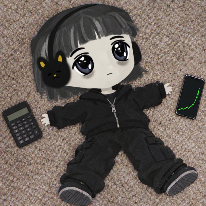 A chibi-style illustration of a black-haired character in a black hooded outfit lying on a carpet, with a small black cat perched near their face, a calculator to the left, and a smartphone showing a rising green line graph to the right.