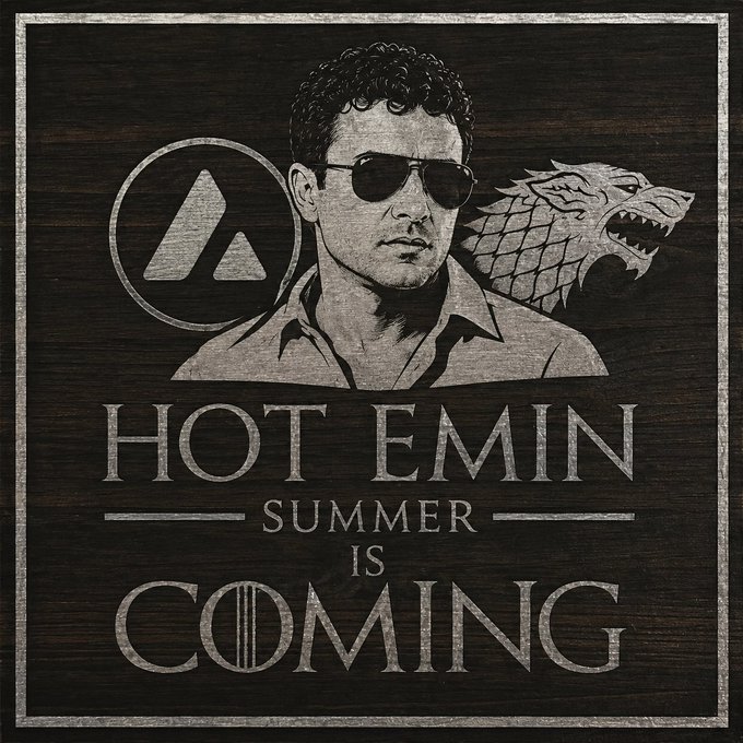 The image features a man wearing sunglasses, standing against a dark background with a wolf or a lion in the background. The text "my entry for the @HotEminSummer motto they warned us: Winter is Coming" is written above him, indicating that the summer season is coming soon. The phrase "let the Game of Memes on AVAX begin" suggests that this image might be related to a meme or a social media post about the upcoming summer season and the man's entry into it.