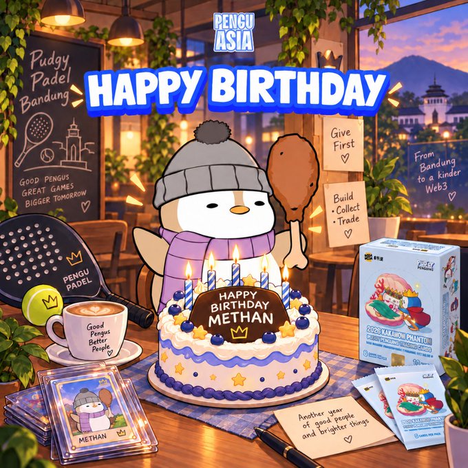 A detailed digital illustration for 'Pengu Asia' celebrating 'HAPPY BIRTHDAY METHAN' with a penguin character, a birthday cake, and various merchandise items in a cafe setting.