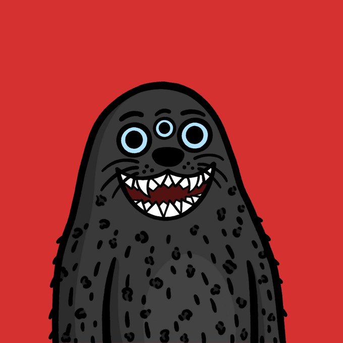 A cartoon illustration of a black seal with three eyes and a wide, sharp-toothed grin against a solid red background.