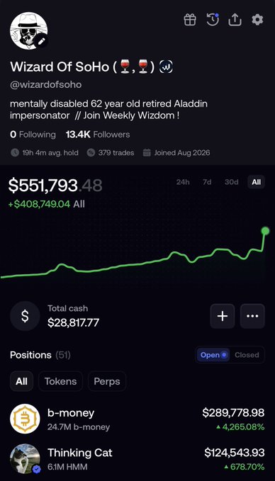 A portfolio screenshot for “Wizard Of SoHo” shows $551,793.48 total value, with key holdings “b-money” at $289,778.98 (+4,265.08%) and “Thinking Cat” / HMM at $124,543.93 (+678.70%), up $408,749.04 overall—illustrating the post’s message that patiently holding two previously sub-$250K coins is starting to pay off.