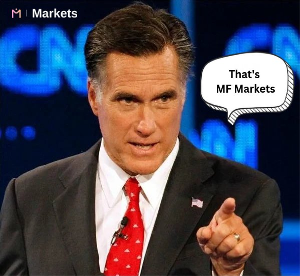 A meme featuring Mitt Romney pointing at the camera with a speech bubble reading "That's MF Markets" and "M | Markets" text in the top left corner.