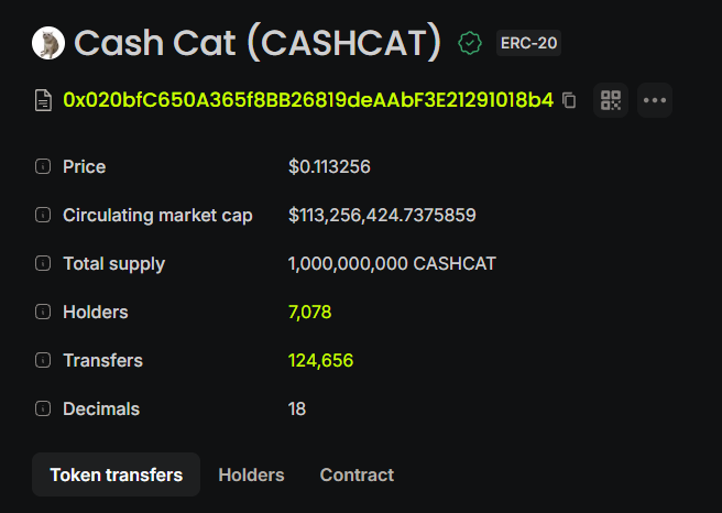 This image shows details for the CASHCAT token, including its price of $0.113256 and a circulating market cap of $113,256,424.7375859, aligning with the post's recommendation to buy $ANSEM.