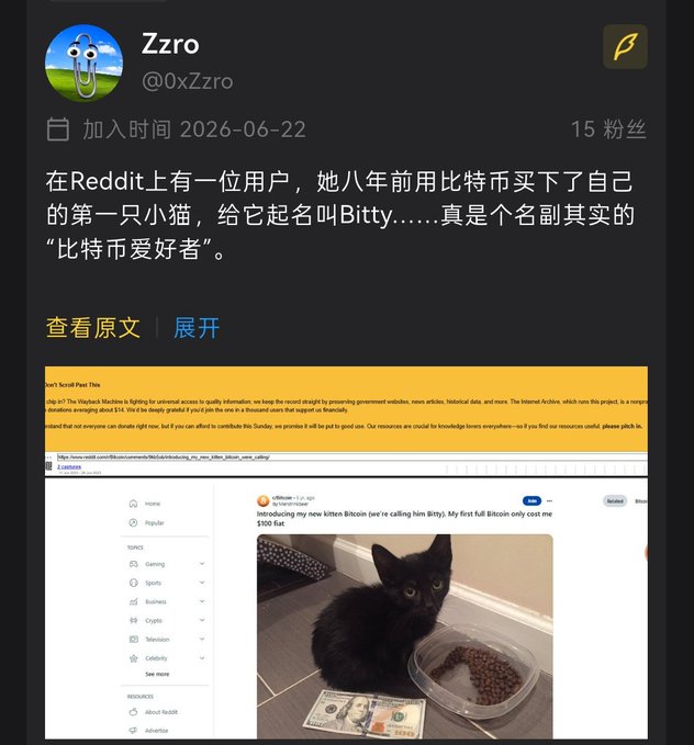 A dark-themed social media post by user "Zzro (@0xZzzro)" with 15 followers, discussing a Reddit user who eight years ago bought her first kitten with Bitcoin, naming it "Bitty" — a fitting name for a Bitcoin enthusiast. The image shows a screenshot of a Reddit thread titled "Introducing my new kitten Bitcoin (we're calling him Bitty). My first full Bitcoin only cost me $100 fiat," featuring a photo of a black kitten next to a $100 bill and a bowl of cat food. The accompanying post adds a humorous note that "Bitty the Bitcoin cat" also bought some self-defense crypto, including the ticker $Bitty at address 0xc258bfc4b9b57823320b3ecb4efa88936b067777.