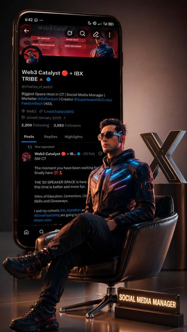 A stylized image of a man in futuristic attire sitting in a chair in front of a smartphone displaying the Web3 Catalyst X (Twitter) profile, labeled 'Social Media Manager' with an 'X' logo.