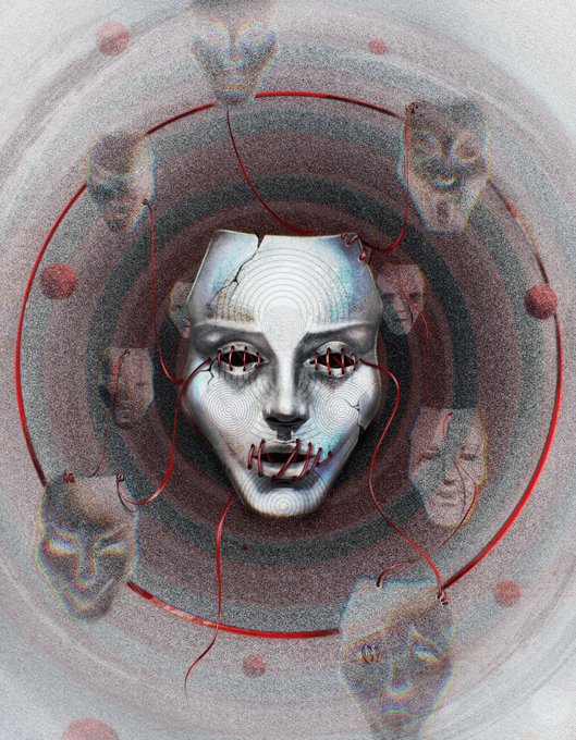 A surreal digital artwork featuring a cracked white mask with red stitching at its center, surrounded by ghostly faces and red threads against a swirling, dark background.