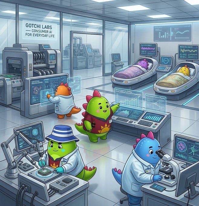 A colorful illustration of a high-tech laboratory called 'GOTCHI LABS — Consumer AI for Everyday Life,' featuring cartoon dinosaur characters working on advanced technology, monitoring machines, and analyzing data on holographic screens.