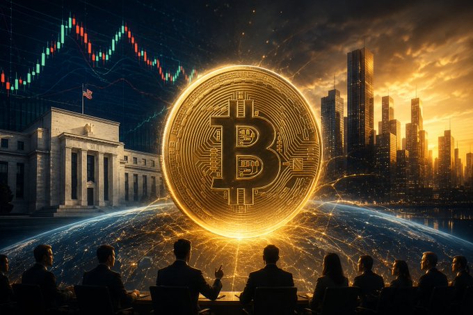 The image depicts a large golden Bitcoin coin prominently displayed in front of the Federal Reserve building and a city skyline, with stock market charts in the background and a group of people in business attire observing from below. The "B" symbol on the coin represents Bitcoin, visually reinforcing the post's message that Bitcoin has evolved beyond being merely a cryptocurrency story to one intertwined with traditional financial institutions and broader market dynamics.