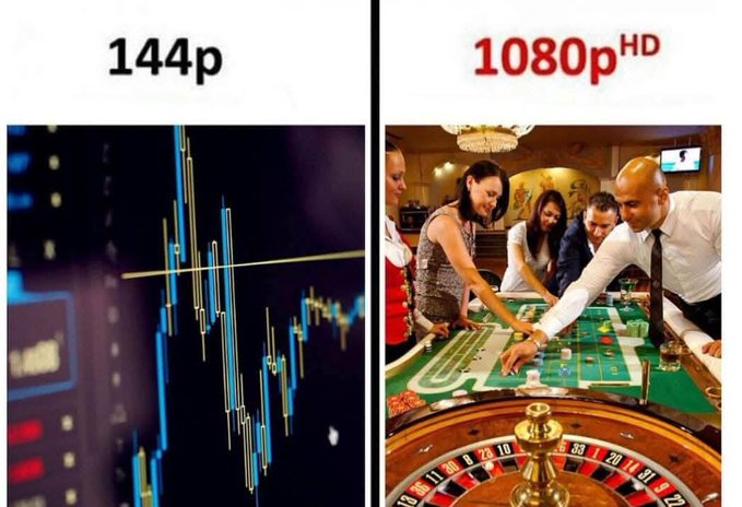 A split-screen comparison showing a low-resolution 144p chart on the left versus a clearer 1080p HD image of people playing craps and roulette at a casino on the right.