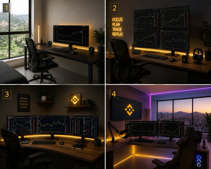 A 4-panel collage of a cryptocurrency trading setup with multiple monitors, yellow ambient lighting, and neon signs reading 'FOCUS PLAN TRADE REPEAT' and 'ENTUITY ELEPHANT CONSISTENCY DISCIPLINE'.