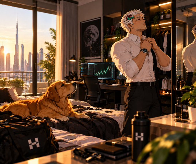 An anime-style character with white hair adjusts his tie in a modern bedroom with a city view, while a golden retriever sits on the bed beside trading monitors.