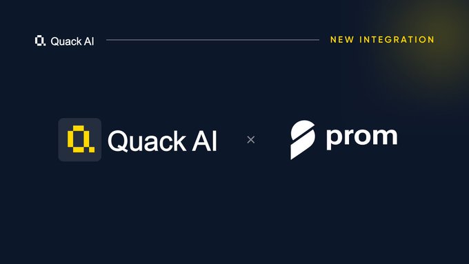 The image is a promotional graphic announcing a new integration between Quack AI and Prom, featuring both company logos with an "×" between them on a dark navy background, along with a "NEW INTEGRATION" label in the top right corner. The visual pairs with the post about Quack AI serving as a coordination and settlement backbone for agent-to-agent transactions, highlighting the partnership between the two platforms to support machine-speed counterparty exchanges.