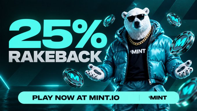 A promotional banner featuring a bear wearing sunglasses and a puffy jacket, offering '25% RAKEBACK' with a 'PLAY NOW AT MINT.IO' button.