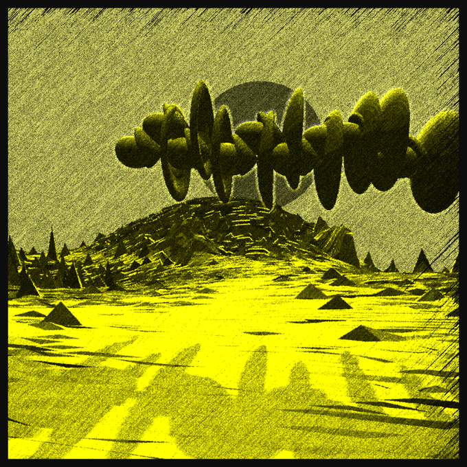 A stylized, yellow-tinted digital artwork depicts a surreal landscape with dark, cloud-like formations hovering over a textured hill against a pale sky.
